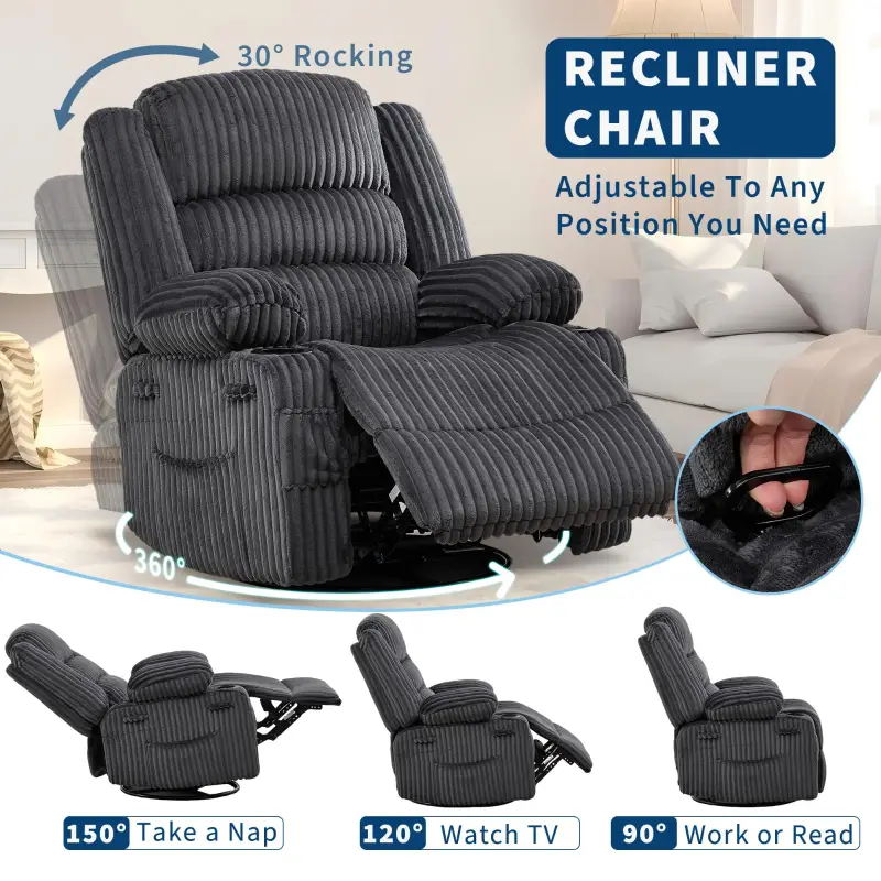 360° Swivel Rocking Recliner Chair with Cup Holder, Oversized Corduroy Glider Recliner, Deep Seat