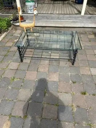 Giacometti style vintage wrought metal / glass coffee table A448