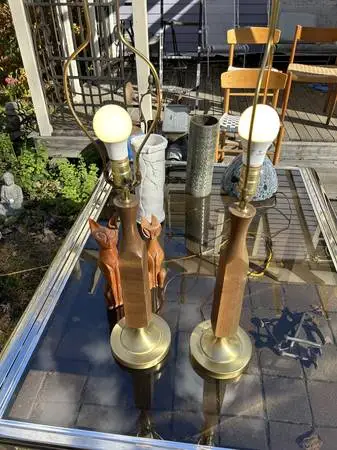 (2) Mid Century / Danish modern brass + walnut lamps A38