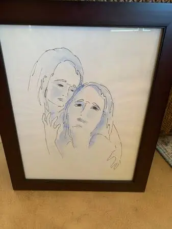 Original Line Art Watercolor Painting Framed