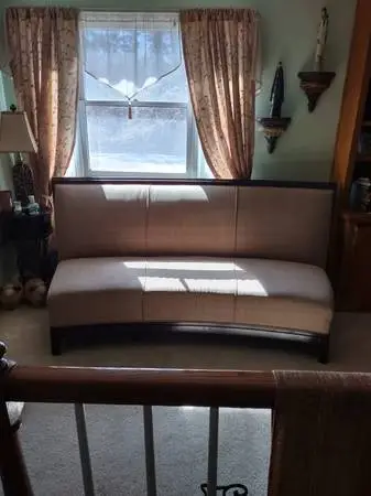 Tan, brown, beige dark wood frame couch