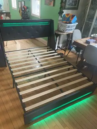 Like New Full Size Bed Frame with LEDs and Bedside Table