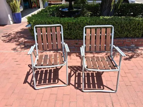 Vintage Lawn Chairs Aluminum Teak Redwood Folding MCM Pair