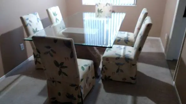 Dining Table Set, Big 84×48, Glass 6 Dressed Chairs