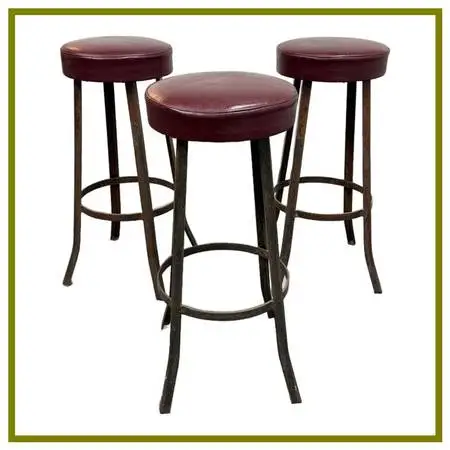 Mid 20th Century Burgundy Vinyl + Metal Bar Stools, Set Of Three