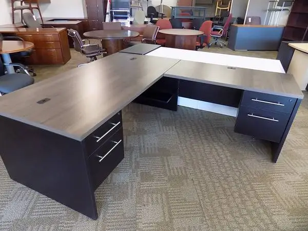 2 Tone Grey & Black Office Furniture large L-Desk right return