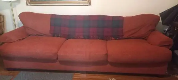 Red Fabric Couch w/ Throw Pillows