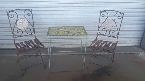 2 Patio Chairs & Table Set - Iron Tile Garden Patina