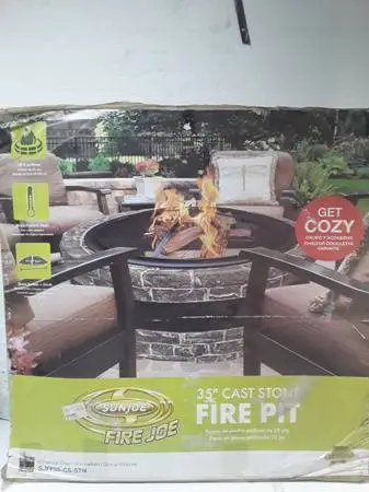 35 Sunjoe Cast Stone Fire Pit. New in Open Box.
