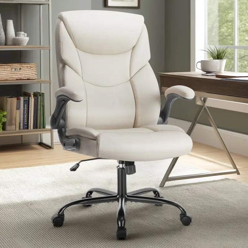 Ergonomic Office Chair, Heavy-Duty PU Leather Desk Chair with Flip-Up Arms, Adjustable High-Back