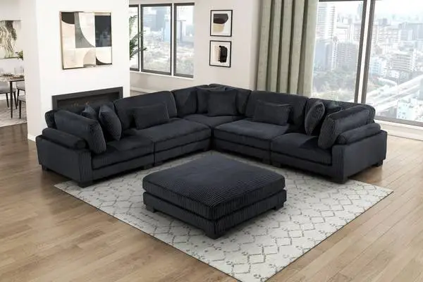 Plush Black Corduroy Modular Sectional Set