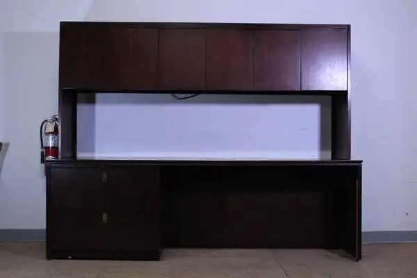 Mahogany Wood Executive Desk with Overhead Storage Hutch