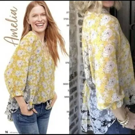CAbi Gather Amelia 3/4 Sleeve Blouse Sheer Floral Yellow Small #5713
