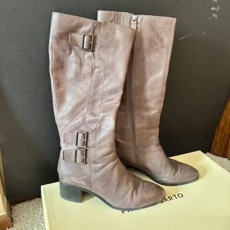 Franco Sarto Taupe Brown Leather Knee-High Heeled Boots with Box 11M