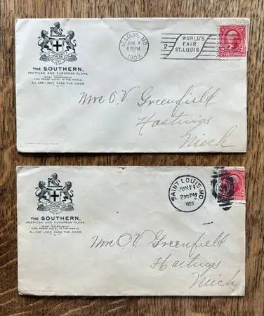 1903 Two World’s Fair Era envelopes. St. Louis, Southern Hotel