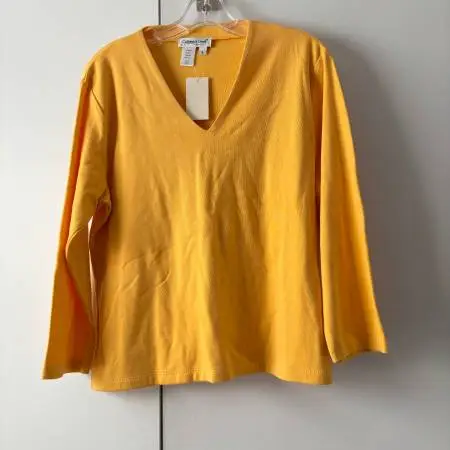 NWT Coldwater Creek 3/4 Sleeve V-Neck Yellow Gold Cotton Shirt Large