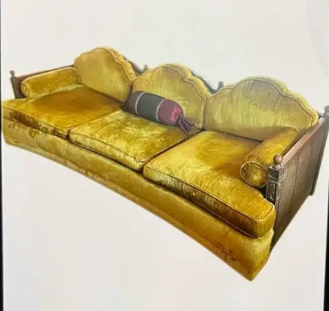 Vintage 1970s Gold Velvet Sofa – MCM Era Spanish Mediterranean Cane Couch