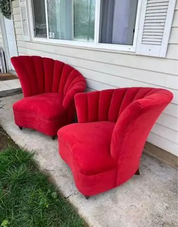 2 Hollywood Regency Scalloped Asymmetrical Red Velvet Chairs vintage