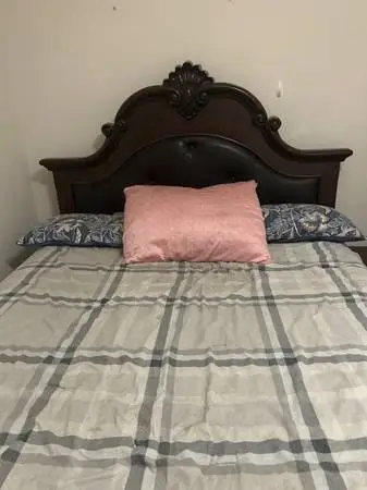 Queen bed, matress and end tables with built in chargers