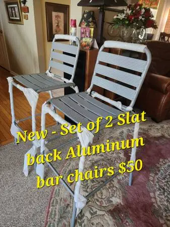 New - Set of 2 Slat back In/Outdoor Aluminum bar chairs $50