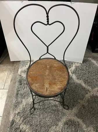 Old Black Wrought Iron Ice Cream Parlor Chair Original Oak Seat