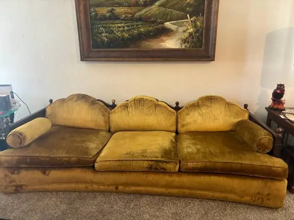 Vintage 1970s Gold Velvet Sofa – Spanish Revival / Mediterranean Cane Couch