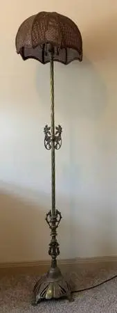 Floor Lamp - Vintage Ornate Brass Floor Lamp w/ Woven Shade - 61.5”