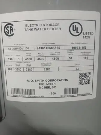 30 gallon ao smith electric water heater