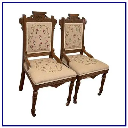Victorian Eastlake Needlepoint Parlor Side Chairs, Pair