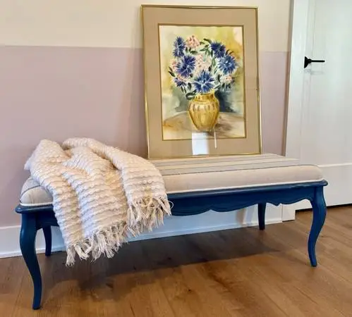 Blue Stripe Upholstered Bench