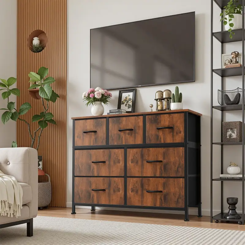 7 Drawer Dresser Organizer, Fabric Storage Chest with Wood Top and Steel Frame, Modern Bedroom