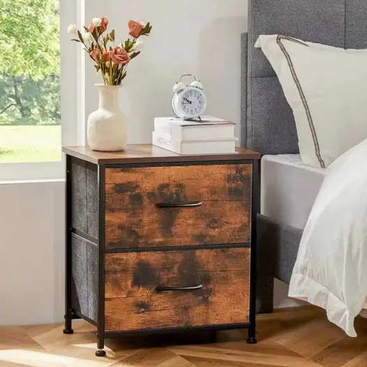 2 Drawer Nightstand with Fabric Storage, Modern Bedside Table with Wood Top and Metal Frame