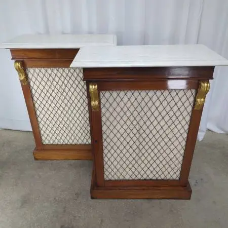 Pair of Antique Regency Marble Top Chiffonier Pier Cabinets w/Brass an