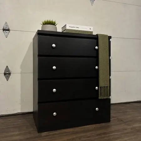 HUGE Black Dresser + Glass Top w/ Silver Knobs, Like New