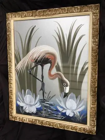 C1950 Real hand painted/signed M DEVOE Pink Flamingo Painting perfect