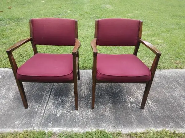 Mid Century Chairs, solid walnut Frames, Wine upholstery $65 each