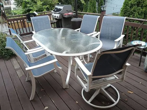 Glass Top Patio Table White w/6 Blue/Grey Fabric Chairs