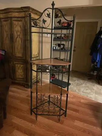 Beautiful wood and metal corner shelf with lower wine rack