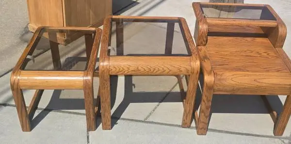 3 Solid Oak End Tables with Smoked Glass