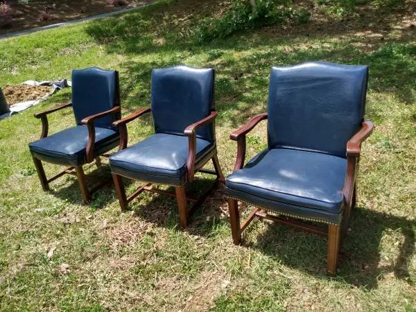 Blue Arm Chairs, Royal Blue upholstery, walnut frames, $165 each