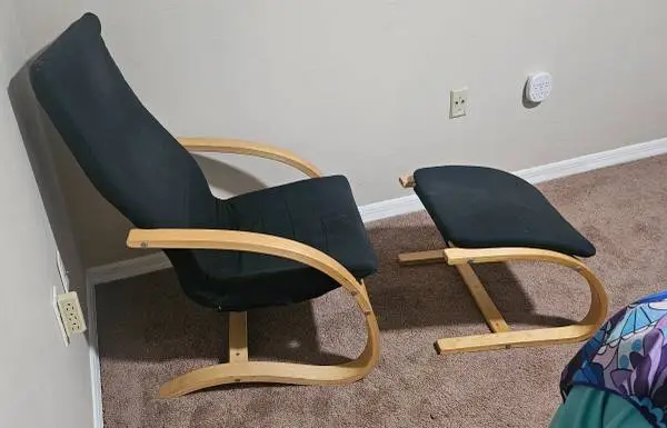 Ikea Bentwood birch chair + ottoman with black fabric