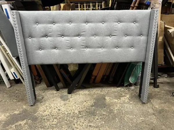 Gray Upholstered Tufted Wingback Queen Sized Headboard