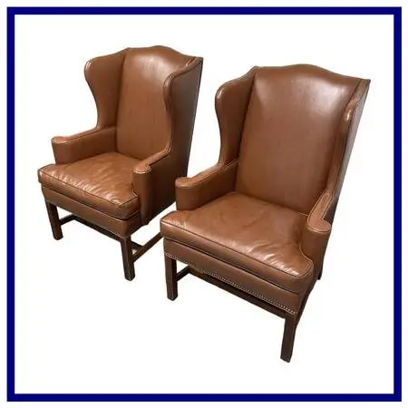 Bespoke Leather Wingback Armchairs, Pair