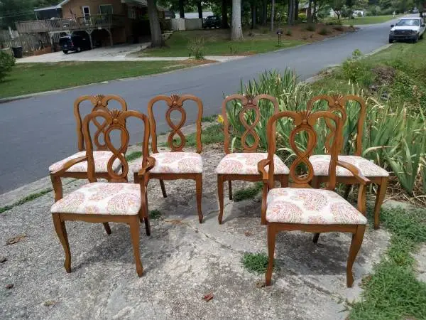 Set of 6 Mid century Dining Chairs, Honey walnut finish-Paisley seats