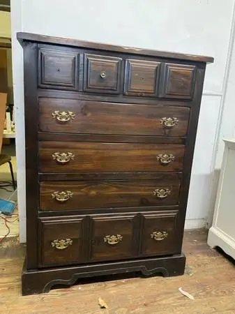 Vintage dark pine six drawer dresser