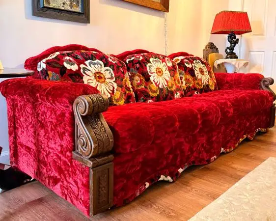 1970s Singer Carved Wood & Red Crushed Velvet Sofa (Loveseat & Club Chair also A