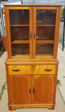 Antique Art Deco Era Solid Oak Kitchen China Cabinet