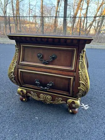 Vintage French cherry and gold painted 2 drawer end table nightstand