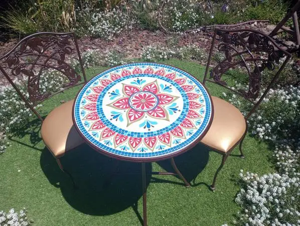 MOSAIC TABLE BISTRO SET WROUGHT IRON CHAIRS VINTAGE