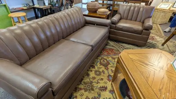 Genuine Vintage MCM Brown Leather Sleeper Sofa and Chair